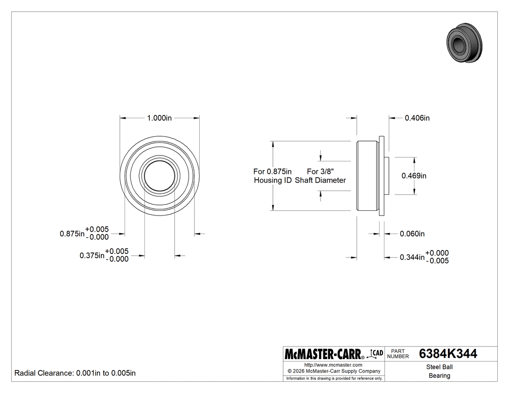 Technical Drawing of Steel Ball Bearing, Flanged, Sealed, for 3/8" Shaft Diameter and 7/8" Housing ID.